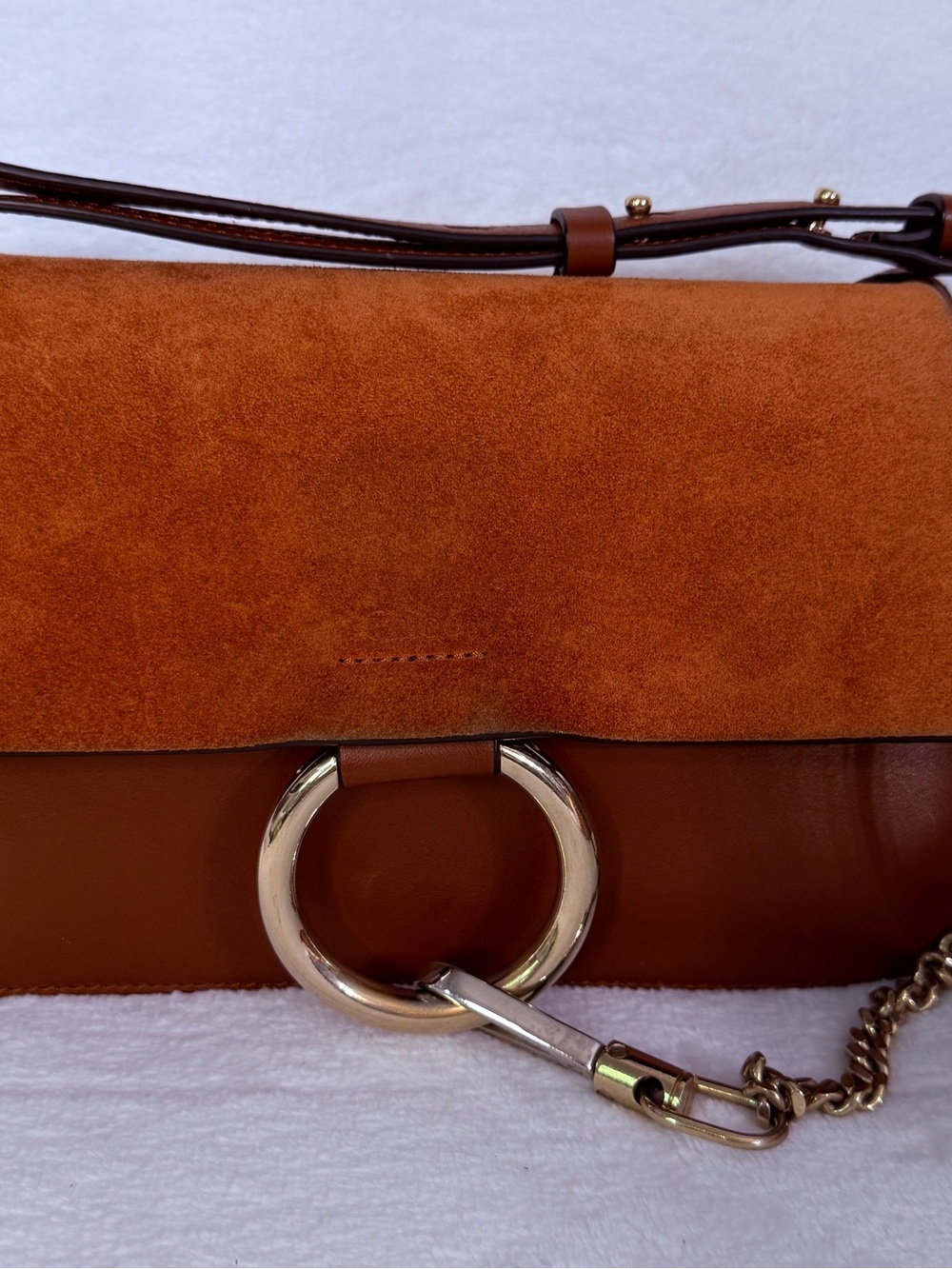 Suede & Leather Brown Shoulder Bag with Gold Ring Detail